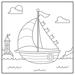 sailboat , transportation, vehicle, outline coloring book for kids.