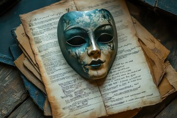 a card for a local theater production with masks and scripts