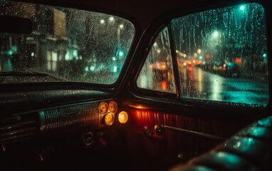 Rainy Night Cityscape Viewed From Vintage Car Interior