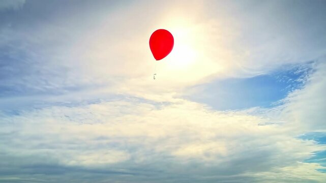 Single red balloon floats against a backdrop of fluffy white clouds and vibrant blue sky in a bright and airy composition