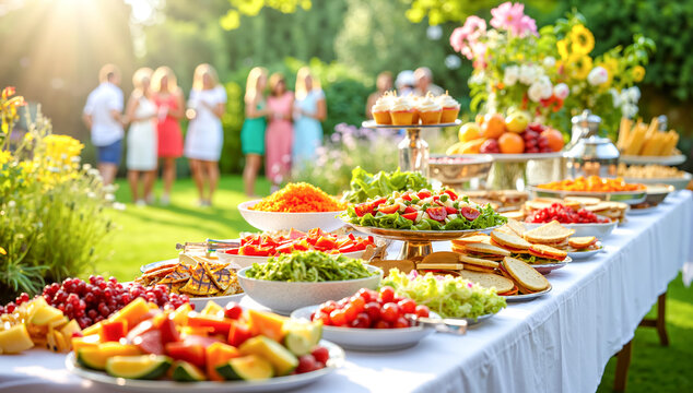 Upscale alfresco garden party featuring an abundant grazing table feast with fresh salads, fruits, and desserts. Guests celebrating during golden hour, luxury outdoor catering, summer event concept