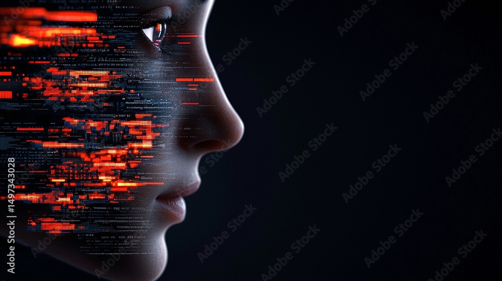 Aufkleber futuristic ai identity verification profile: digital face scan with glowing red code overlay