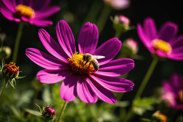 A bee sitting on a bright purple flower, possibly collecting nectar