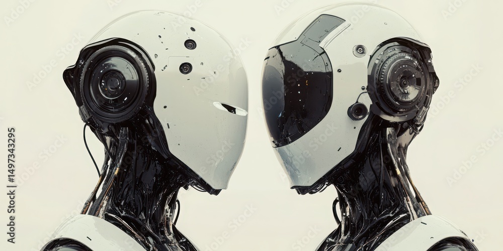 Poster futuristic art portraying artificial intelligence and robotics through abstract digital designs.
