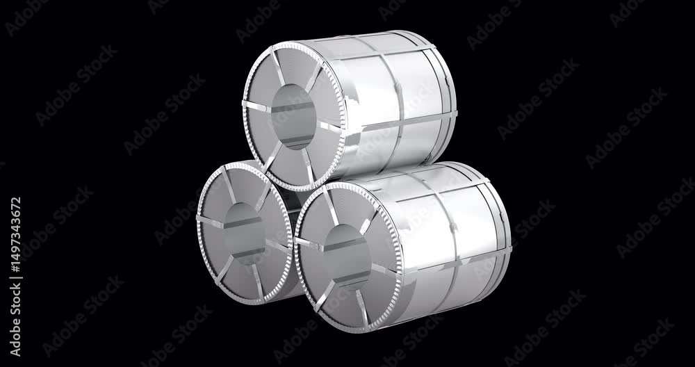 Aufkleber stack stainless steel coils. rolls of steel sheet around rotation animation, seamlessly loopable. 3d