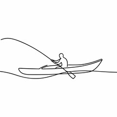 Continuous line drawing of a person fishing from a kayak on the water minimalist art design