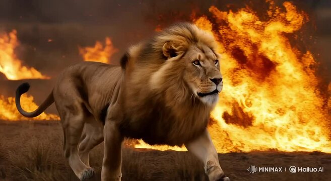 Lion walking through grassland with fire in the background , lion with a flaming mane 