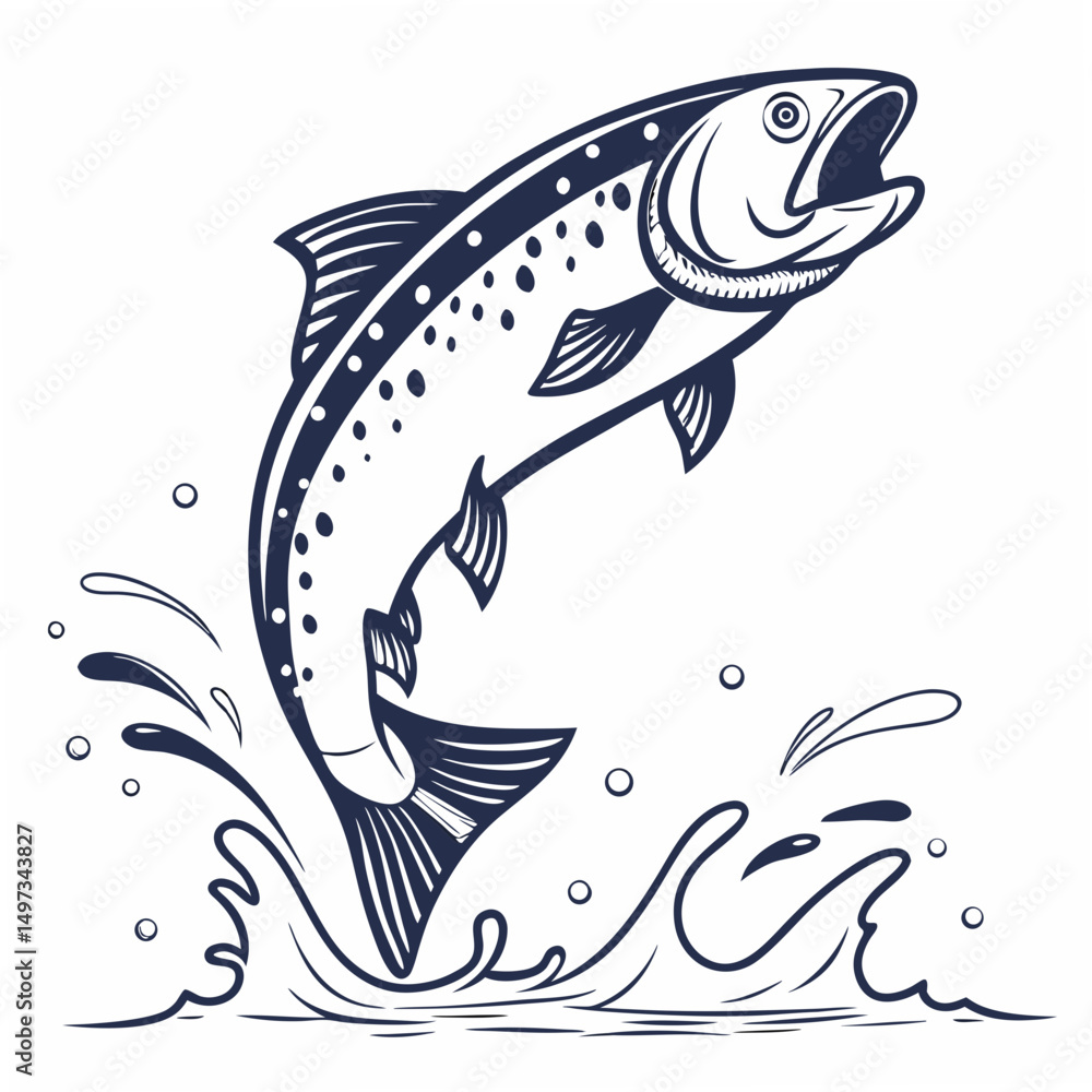 Poster dynamic vector illustration of a jumping fish with water splashes in a clean artistic style suitable