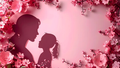 Two silhouetted figures share a tender moment, surrounded by intricate floral designs, against a soft pink backdrop, evoking a sense of warmth and affection.