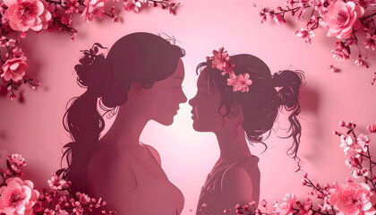 Two silhouetted figures share a tender moment, surrounded by intricate floral designs, against a soft pink backdrop, evoking a sense of warmth and affection.