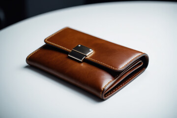 A brown wallet sitting on a white table