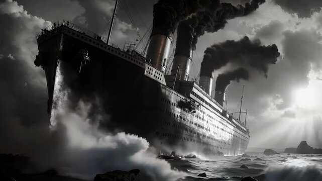 A black and white photo of a large ship in the ocean