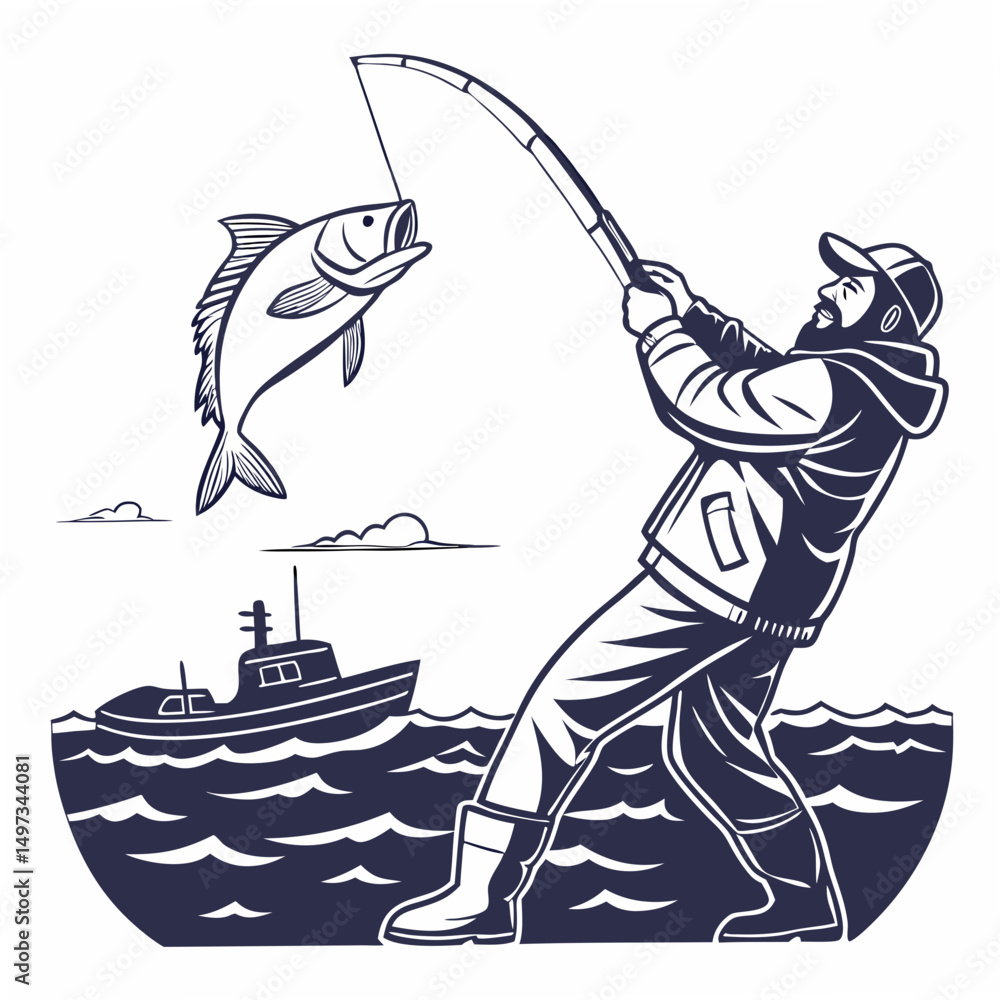 Poster fisherman reeling in a large fish with boat and waves in a nautical transparent design suitable for 