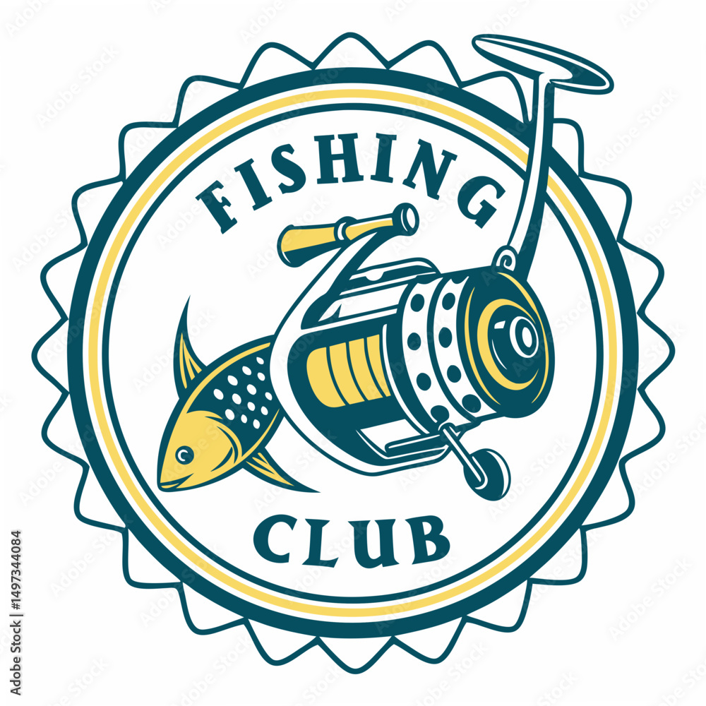 Poster fishing club emblem featuring a fish and angling reel in a circular design with transparent backgrou
