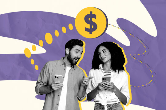 Sketch template design 3D photo collage composite of young man lady smile date app hold smartphone money economy budget finance income