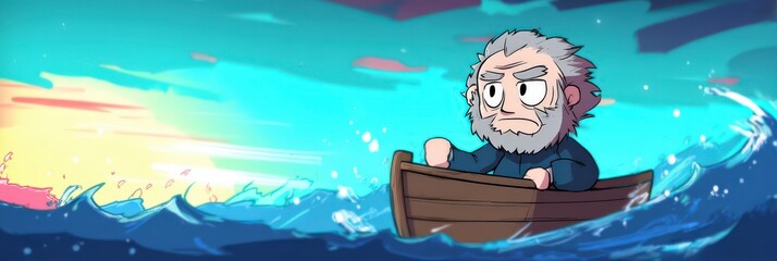 Elderly Man in a Small Boat at Sea