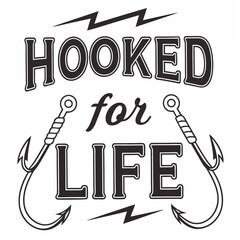Hooked for life design featuring fishing hooks typography and lightning bolt accents on transparent background