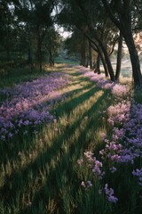 Fototapeta premium Purple Wildflowers Meadow Path Sunlight Shadows