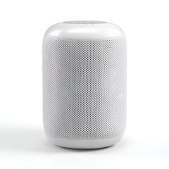Sleek cylindrical white speaker with a textured mesh design and subtle lighting is on display.