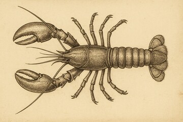 A detailed vintage-style drawing of a lobster rendered in fine ink lines on aged parchment paper. The scientific illustration highlights anatomical features with precision and symmetry