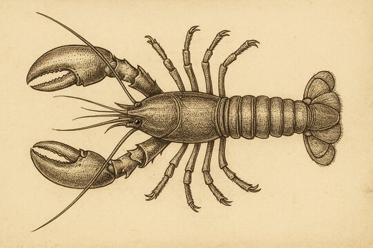 A detailed vintage-style drawing of a lobster rendered in fine ink lines on aged parchment paper. The scientific illustration highlights anatomical features with precision and symmetry