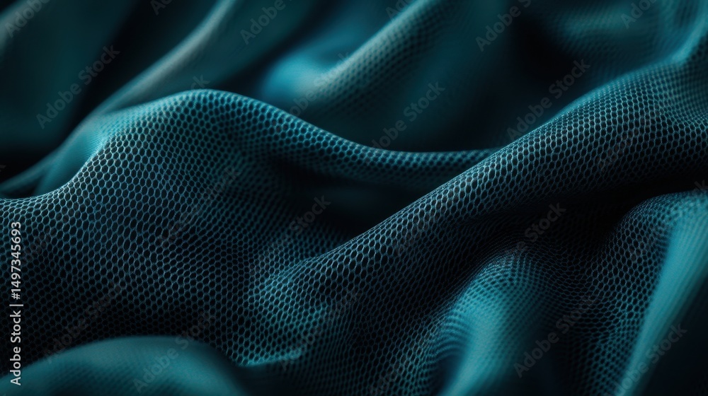 Aufkleber close-up of flowing teal mesh fabric with abstract, dynamic wave patterns. use this texture as a bac