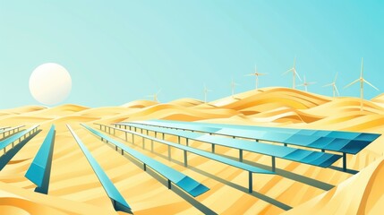 Solar Panels and Wind Turbines in a Desert Landscape