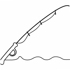 Obraz premium Line art illustration of a fishing rod and line depicting calm water and the sport of fishing, vector illustration.
