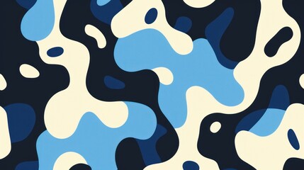 Abstract pattern with overlapping shapes in light cream, dark blue, and light blue