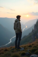 Fototapeta premium Person Standing on Hilltop at Sunset – Freedom, Wilderness, and Reflection