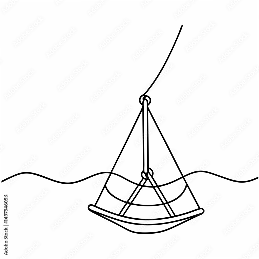 Poster outline illustration of a simple hammock suspended on a rope above a wavy line for design usage with