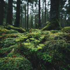 Obraz premium Lush Green Forest Floor with Moss and Saplings