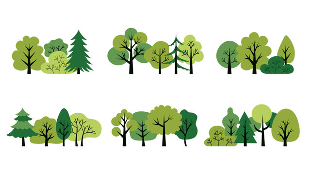 Green deciduous and coniferous trees isolated on a white background. Design concept for a poster, banner. Simple flat style elements. Vector illustration. Trees illustrations set. 