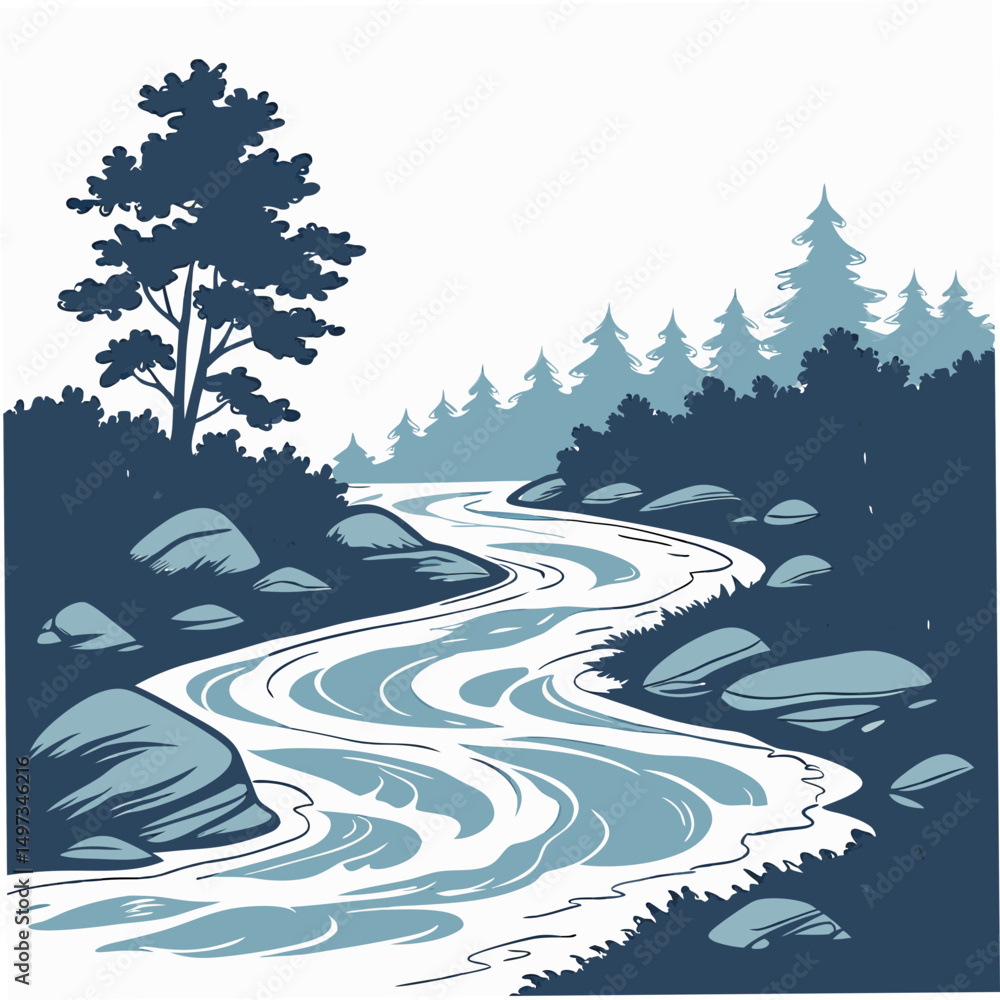 Poster serene illustration of a winding river flowing through a forest landscape with transparent backgroun