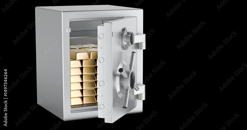 Poster opening safe box full of golden ingots and closing, animation seamlessly loopable. 3d rendering isol