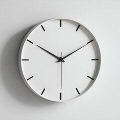 Minimalist white round wall clock with black hands casts soft shadows on a light surface.