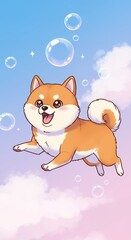 Playful anime-style Shiba Inu jumping and chasing bubbles with a bright sky background. Ideal for vertical short video content.