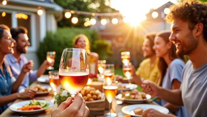 Golden hour backyard party: Diverse friends share rosé wine and joyful conversation at dinner table under string lights. Social connection, alfresco dining experience