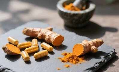 Fresh Turmeric Roots with Powder, Supplements Capsules and Mortar Pestle on Dark Slate Background