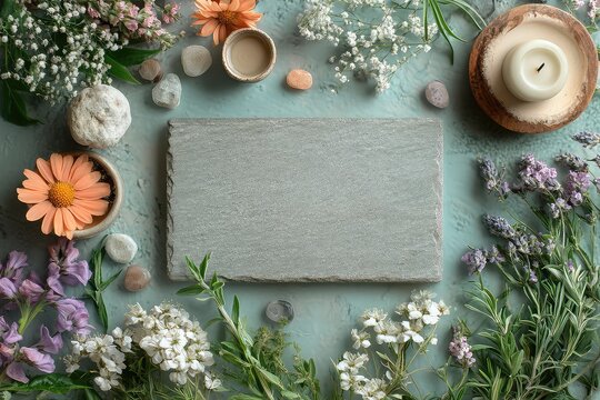 a card for a wellness retreat with nature elements and calming colors