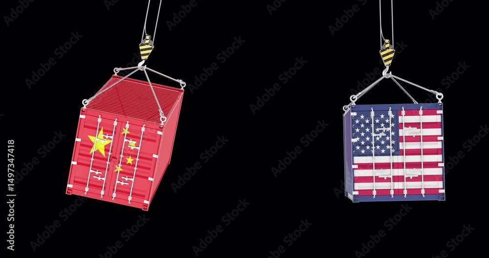 Poster usa china tariff conflict, concept. cargo freight containers on crane hooks with the usa and chinese