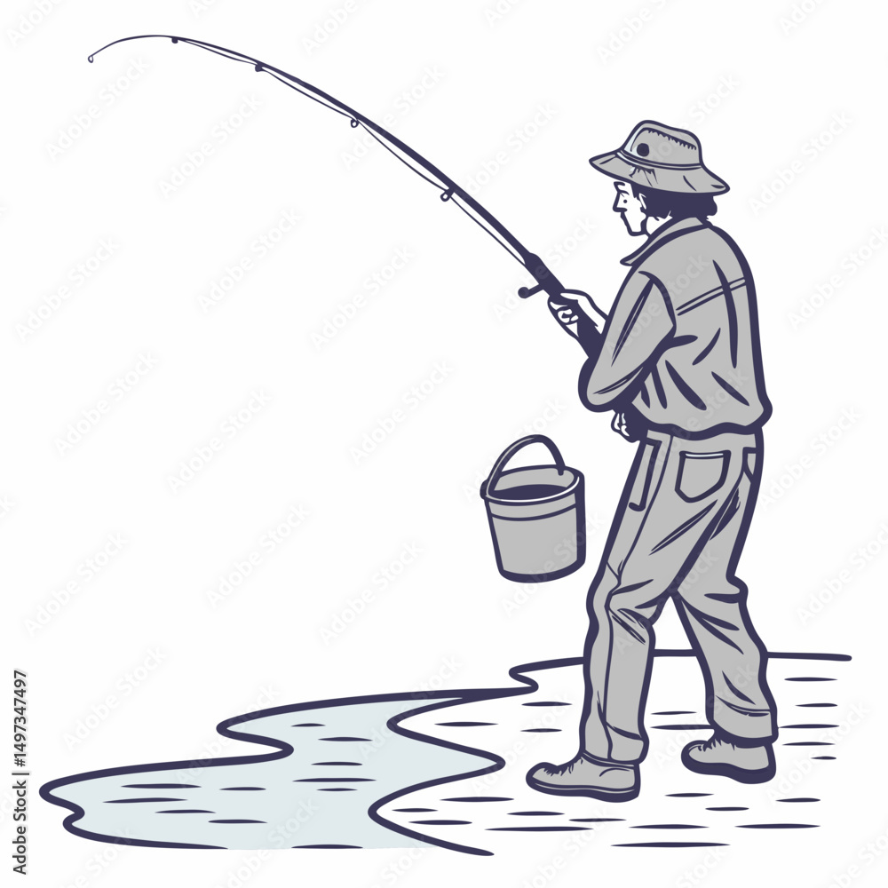 Poster vector illustration of a fisherman casting a line near water with a bucket suitable for design proje