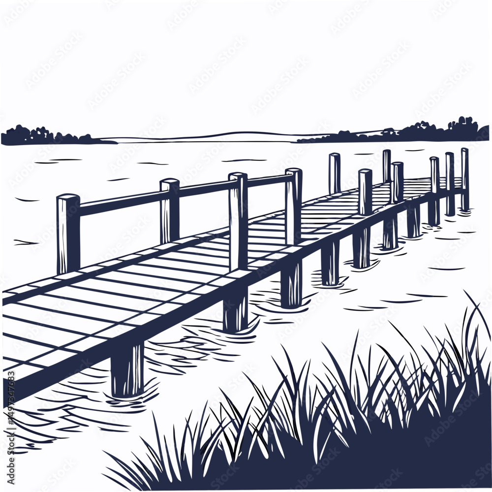 Poster vector illustration of a pier extending over a calm lake featuring grass elements and a scenic lands