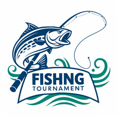 Obraz premium Vector illustration of a fishing tournament logo featuring a jumping fish and fishing rod with transparency