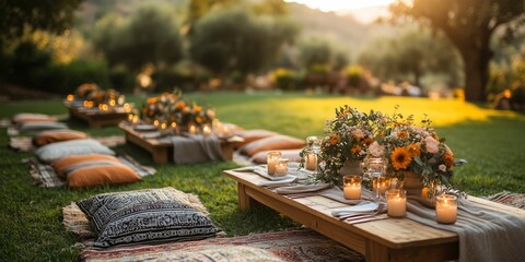 a picnic style wedding reception on a grassy hill, with blankets, cushions, and low wooden tables decorated with candles and flowers, blank right side for text, bright sunny day