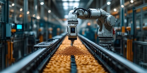 a robotic arm distributing feed evenly in a cow barn, advanced machinery and sensors in focus
