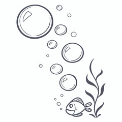 Whimsical underwater scene featuring a fish, bubbles, and seaweed elements in a clean minimalistic style with transparency.