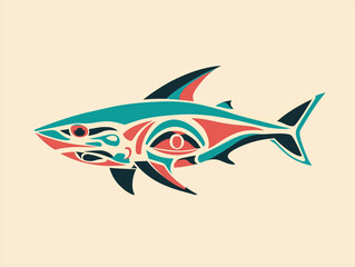 Colorful shark swimming in the ocean depths: a modern tribal art design