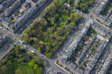 Aerial view of the 'Queen Street' gardens and wealthy terraced housing of Edinburgh