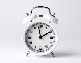 A white alarm clock displays the hour in a clean and simple design, designed for elegance.